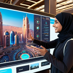 **Interactive AI Conversation:** A futuristic cityscape with holographic displays showing a friendly, Arabic-speaking AI assistant helping a user plan a trip. Emphasize seamless integration and user satisfaction. Warm, inviting color palette.