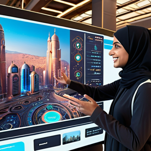 Home 11 **Interactive AI Conversation:** A futuristic cityscape with holographic displays showing a friendly, Arabic-speaking AI assistant helping a user plan a trip. Emphasize seamless integration and user satisfaction. Warm, inviting color palette.