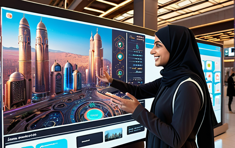 **Interactive AI Conversation:** A futuristic cityscape with holographic displays showing a friendly, Arabic-speaking AI assistant helping a user plan a trip. Emphasize seamless integration and user satisfaction. Warm, inviting color palette.