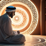 A thoughtful, wise-looking Arab man sits in a serene, modern study, bathed in soft, warm light. He is gently interacting with a luminous, ethereal generative AI entity, depicted as a swirling vortex of intricate digital patterns and subtle Arabic calligraphy, emanating from a glowing interface. The background subtly blends elements of a vast, infinite digital library with abstract, geometric patterns reminiscent of Islamic art, suggesting the boundless nature of knowledge. The overall atmosphere conveys a profound, collaborative dialogue, a shared journey of intellectual discovery, and the sense of connecting with "another mind" in a harmonious, innovative way. High detail, artistic, visionary.