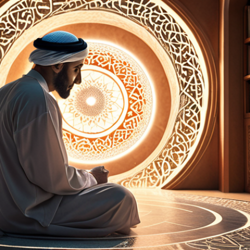 Home 6 A thoughtful, wise-looking Arab man sits in a serene, modern study, bathed in soft, warm light. He is gently interacting with a luminous, ethereal generative AI entity, depicted as a swirling vortex of intricate digital patterns and subtle Arabic calligraphy, emanating from a glowing interface. The background subtly blends elements of a vast, infinite digital library with abstract, geometric patterns reminiscent of Islamic art, suggesting the boundless nature of knowledge. The overall atmosphere conveys a profound, collaborative dialogue, a shared journey of intellectual discovery, and the sense of connecting with "another mind" in a harmonious, innovative way. High detail, artistic, visionary.