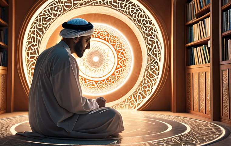 A thoughtful, wise-looking Arab man sits in a serene, modern study, bathed in soft, warm light. He is gently interacting with a luminous, ethereal generative AI entity, depicted as a swirling vortex of intricate digital patterns and subtle Arabic calligraphy, emanating from a glowing interface. The background subtly blends elements of a vast, infinite digital library with abstract, geometric patterns reminiscent of Islamic art, suggesting the boundless nature of knowledge. The overall atmosphere conveys a profound, collaborative dialogue, a shared journey of intellectual discovery, and the sense of connecting with "another mind" in a harmonious, innovative way. High detail, artistic, visionary.