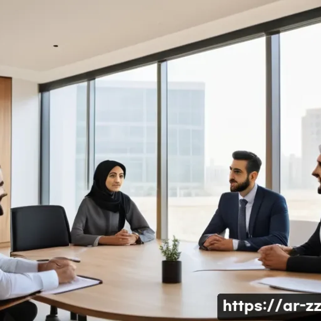 생성적 대화법과 비즈니스 윤리 - A modern Arab office meeting scene featuring diverse Middle Eastern professionals engaged in active ...