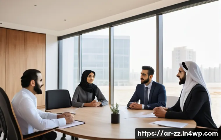 생성적 대화법과 비즈니스 윤리 - A modern Arab office meeting scene featuring diverse Middle Eastern professionals engaged in active ...