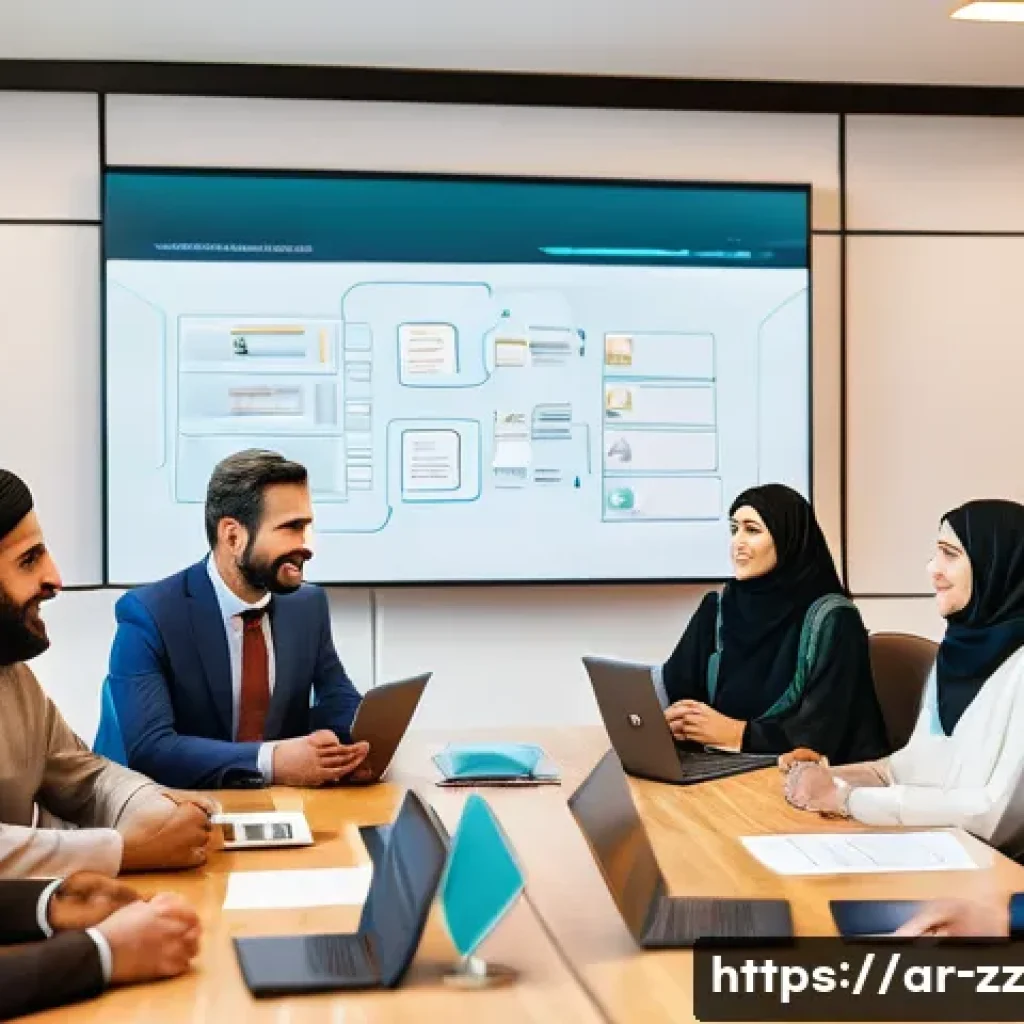 생성적 대화법으로 성과를 극대화하는 법 - A professional Arabic-speaking business team engaged in a positive, generative dialogue in a modern ...