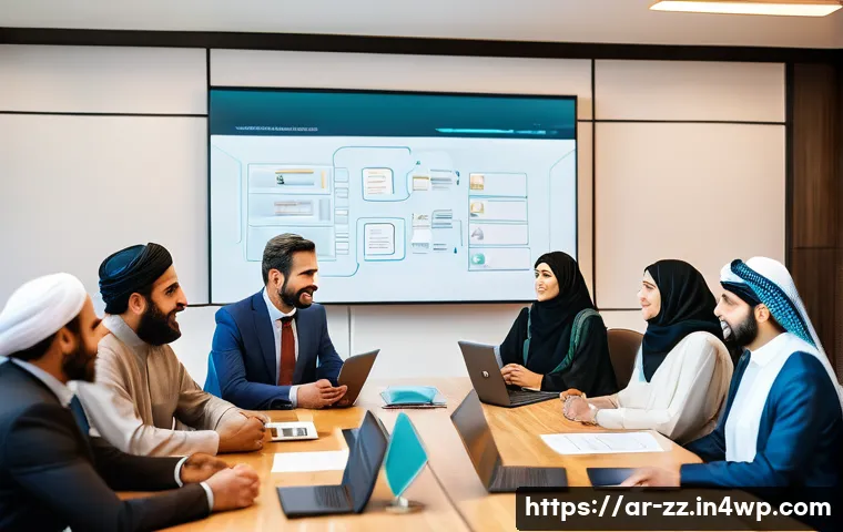 생성적 대화법으로 성과를 극대화하는 법 - A professional Arabic-speaking business team engaged in a positive, generative dialogue in a modern ...