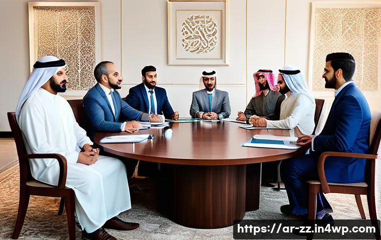 생성적 대화법의 기본 원리 - A warm, professional office meeting scene featuring a diverse group of Arab professionals engaging i...