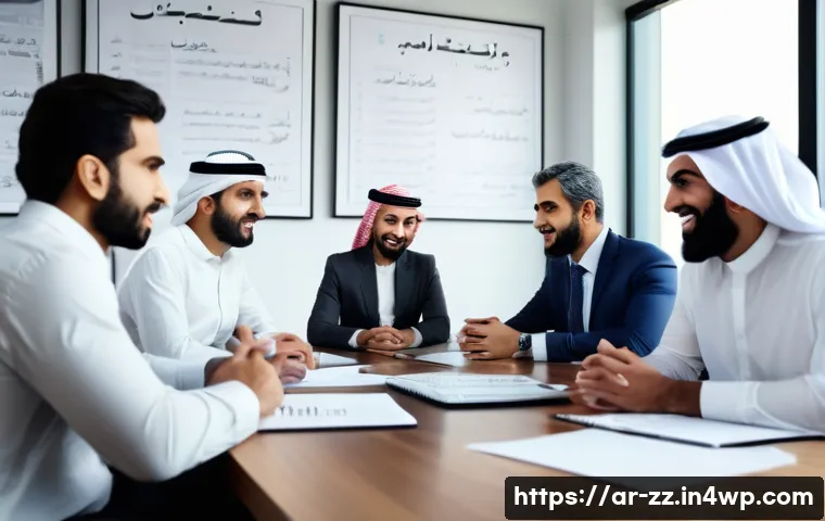 생성적 대화법의 커뮤니케이션 모델 - A professional Middle Eastern business meeting scene set in a modern office with Arabic cultural ele...