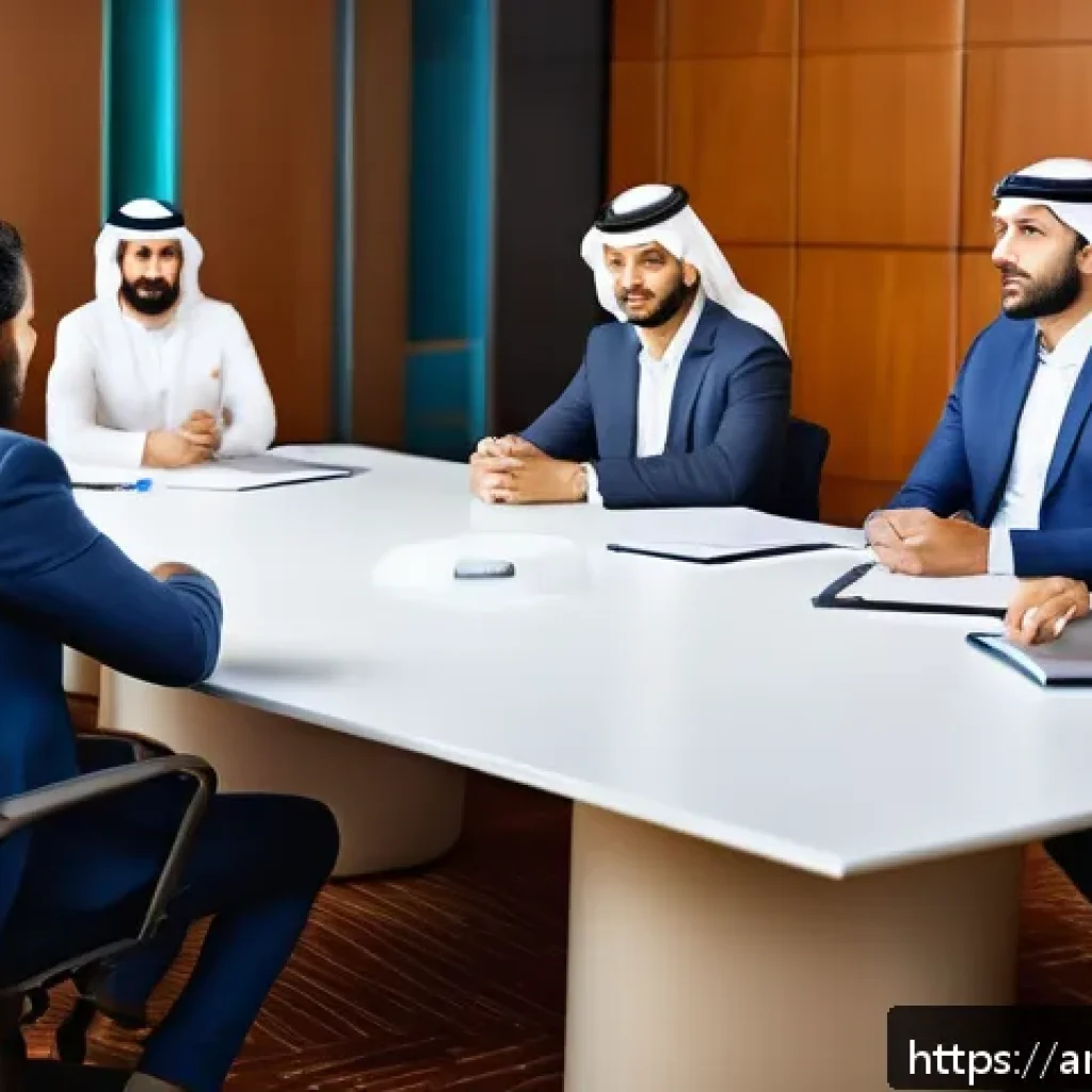 생성적 대화법으로 창의적 문제 해결하기 - A diverse group of Middle Eastern professionals engaged in a dynamic brainstorming session around a ...