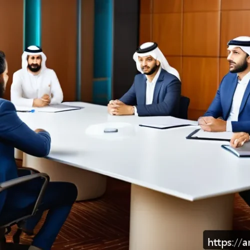 생성적 대화법으로 창의적 문제 해결하기 - A diverse group of Middle Eastern professionals engaged in a dynamic brainstorming session around a ...