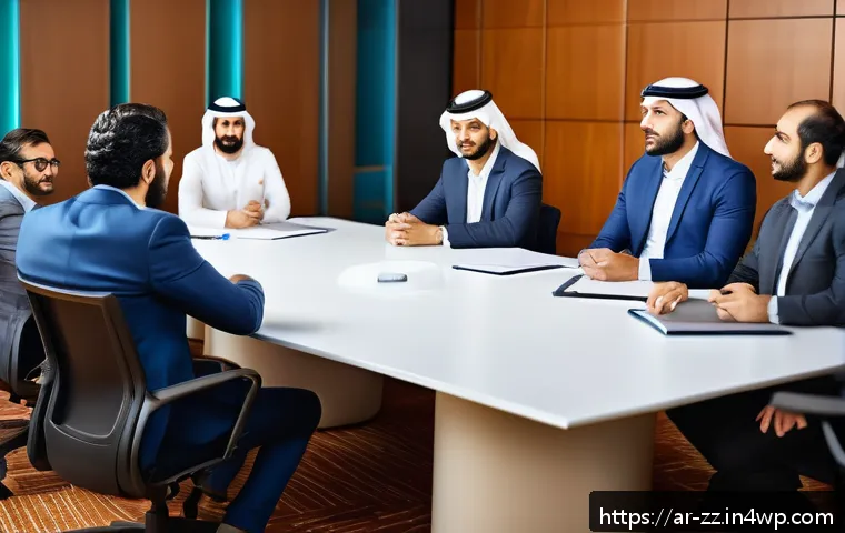 생성적 대화법으로 창의적 문제 해결하기 - A diverse group of Middle Eastern professionals engaged in a dynamic brainstorming session around a ...