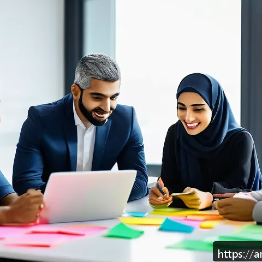 생성적 대화법의 필요성과 중요성 - A modern, vibrant office scene showcasing a diverse group of Arabic-speaking professionals engaged i...