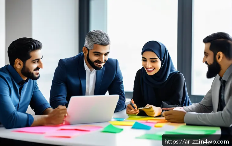 생성적 대화법의 필요성과 중요성 - A modern, vibrant office scene showcasing a diverse group of Arabic-speaking professionals engaged i...