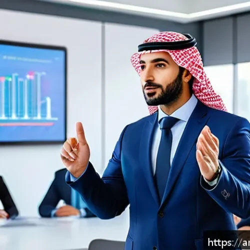 생성적 대화법과 프레젠테이션 기술 - A professional Arab public speaker in a modern conference room, wearing a smart suit and engaging wi...