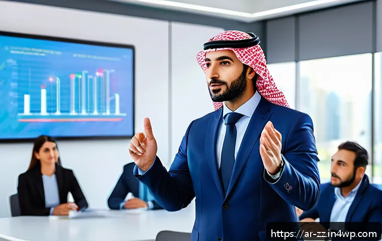 생성적 대화법과 프레젠테이션 기술 - A professional Arab public speaker in a modern conference room, wearing a smart suit and engaging wi...