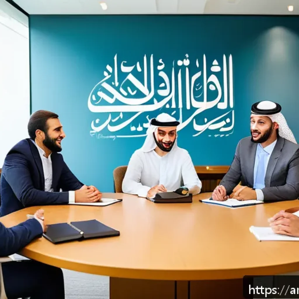생성적 대화법으로 갈등을 해결하는 방법 - A professional Middle Eastern office scene showing a diverse group of Arabic-speaking colleagues in ...