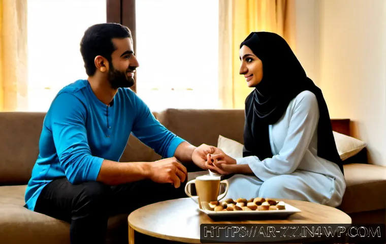 Home 17 사회적 상호작용에서의 생성적 대화법 - Photorealistic warm social gathering in a modern Arab family living room, two adult friends seated f...